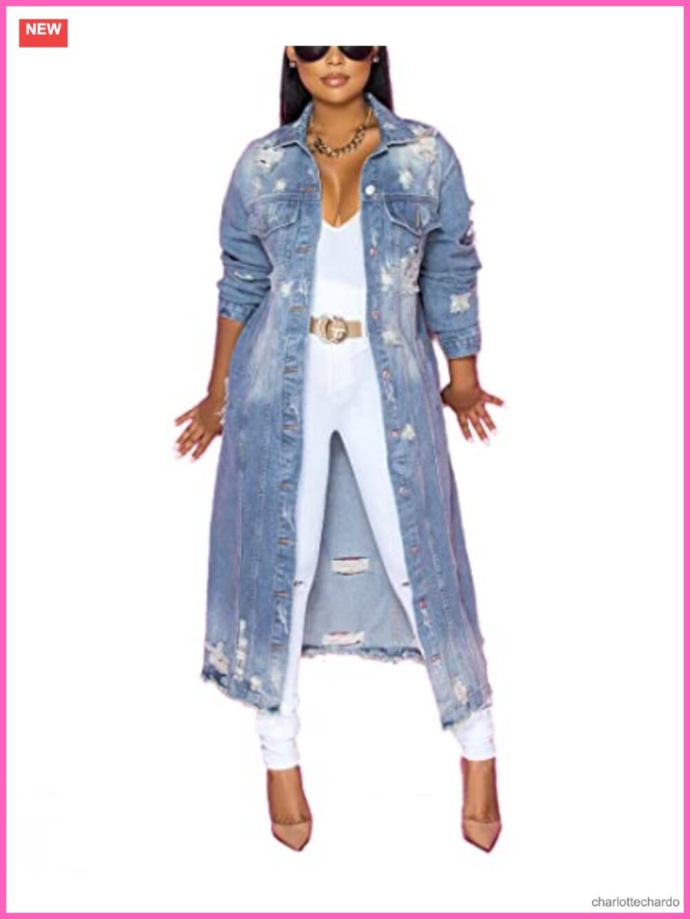 Distressed Ripped Denim Trench Coat Women Relaxed Fit Cotton Long Jacket